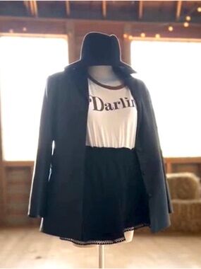 Western Boho Outfit Bundle – Leather Coat, Ruffle Skort, Fedora, Graphic Tee